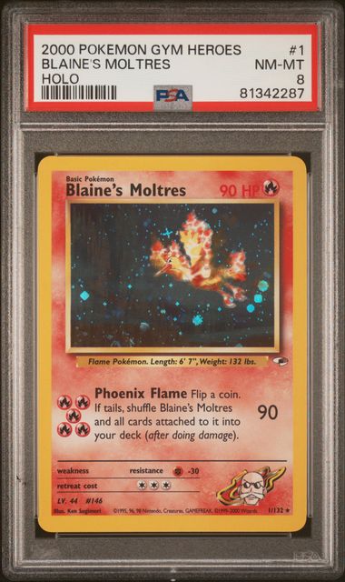 first edition moltres pokemon card BLAINE'S MOLTRES HOLO GYM HEROES 1/132 PSA 8 – CardDogTCG