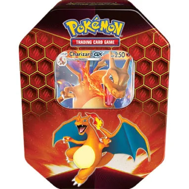 A tin box featuring Charizard GX from the Pokemon Hidden Fates series with a promotional card, four booster packs, and a PTCGO code card.