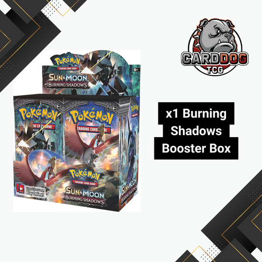 Pokémon trading card game booster boxes with 'Burning Shadows' theme on a white background.