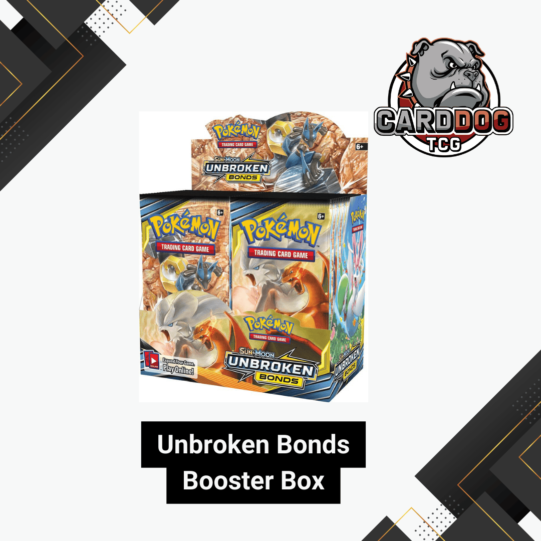 Pokémon Unbroken Bonds Booster Box with 'CardDog TCG' logo on a white background