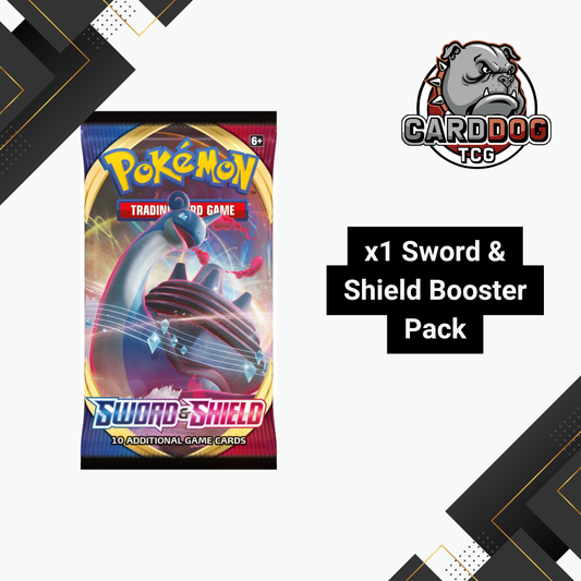 Pokémon Sword & Shield Booster Pack with CardDog TCG logo on a white background