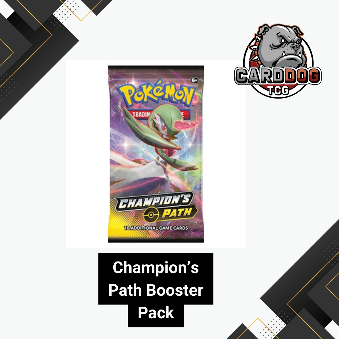 Pokémon Champions' Path booster pack with CardDog TCG logo on a white background