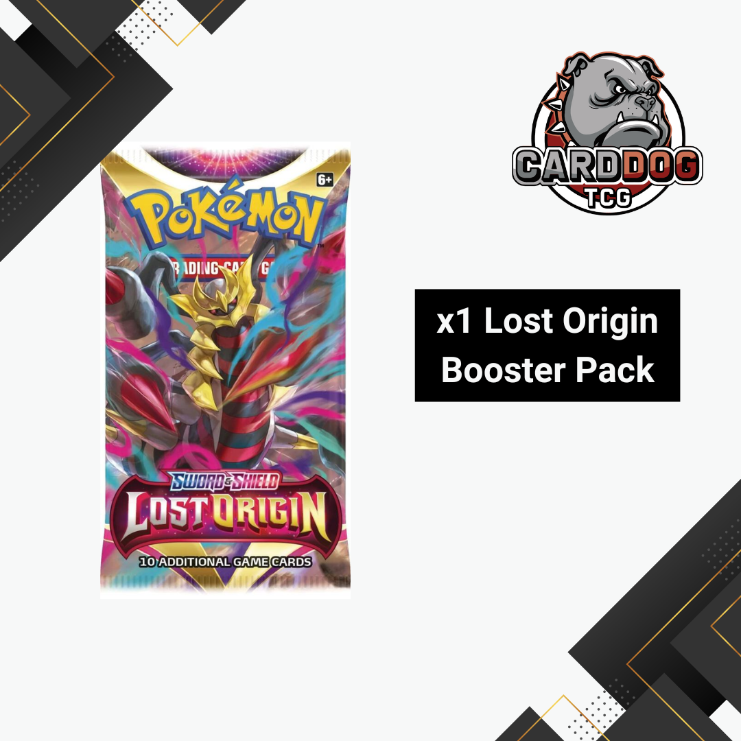 Pokemon Lost Origin booster pack with CardDog TCG logo on a white background