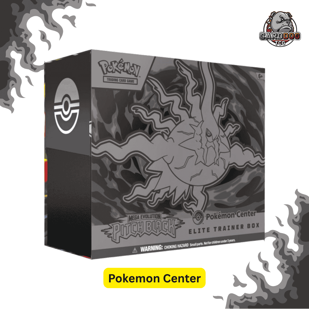 Pokémon Center Pigniteak Elite Trainer Box packaging shown on a white background with decorative gray flame graphics. The box is black and gray with a line-art illustration of Pigniteak on the front and a Pokémon logo near the top.