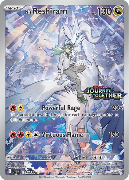Pokémon trading card featuring N's Reshiram with character and text details.