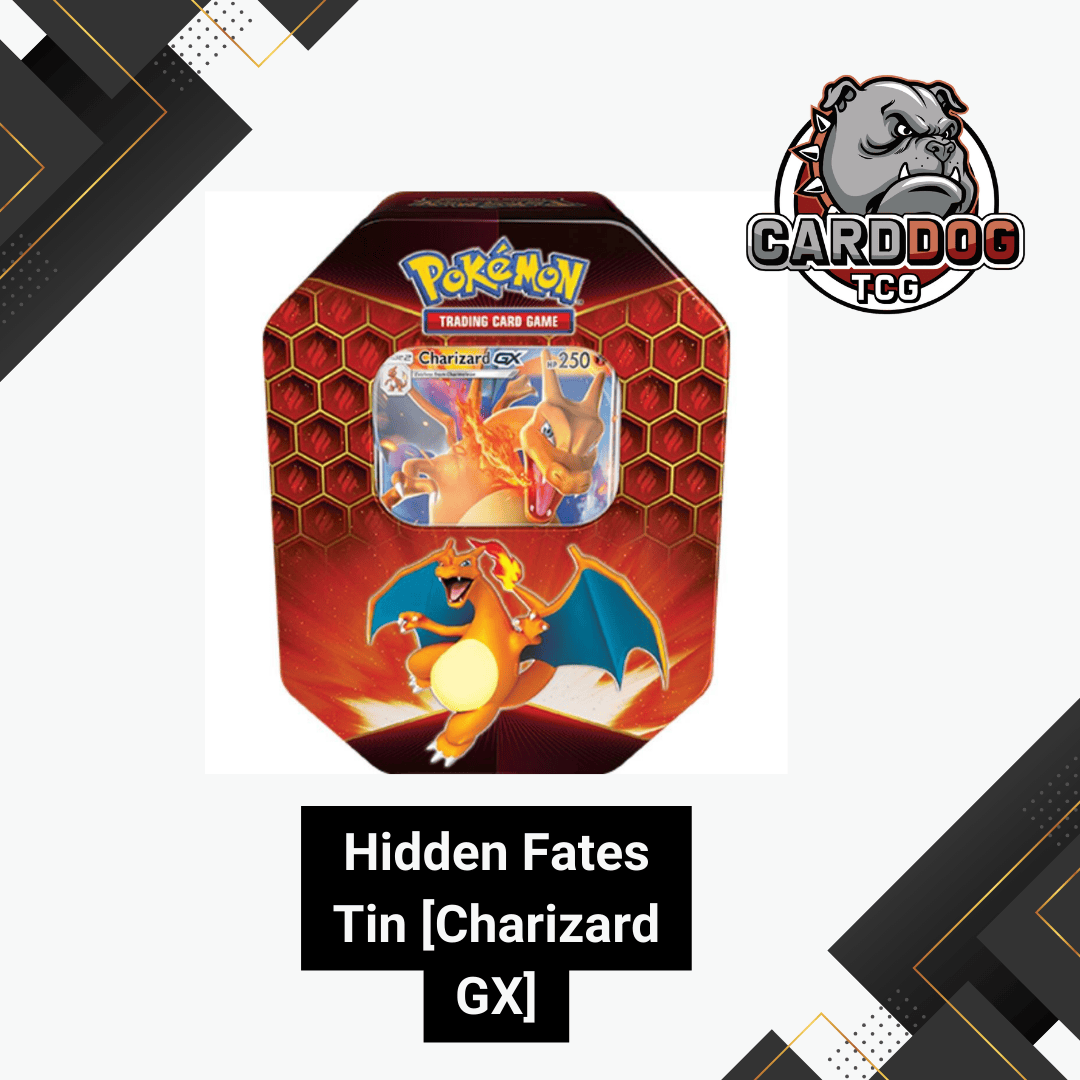 A tin box featuring Charizard GX from the Pokemon Hidden Fates series with a promotional card, four booster packs, and a PTCGO code card.