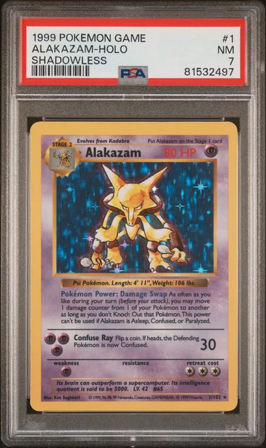 1999 1/102 ALAKAZAM BASE SET HOLO SHADOWLESS PSA 7