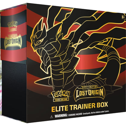 Pokémon TCG: Lost Origin Elite Trainer Box contents, including booster packs, Energy cards, and accessories