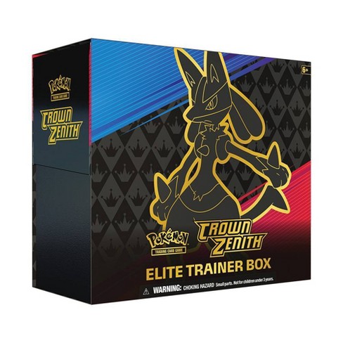 Crown Zenith Elite Trainer Box contents, including booster packs, card sleeves, and accessories
