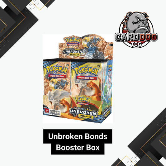 Pokémon Unbroken Bonds Booster Box with 'CardDog TCG' logo on a white background