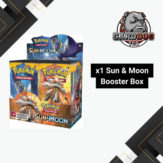 Pokémon Sun & Moon base booster box with CardDog TCG logo on a white background