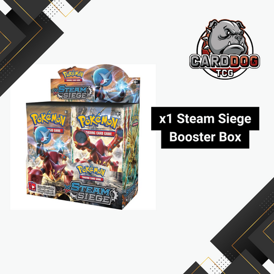 Pokémon Steam Siege booster box with CardDog TCG logo on a white background