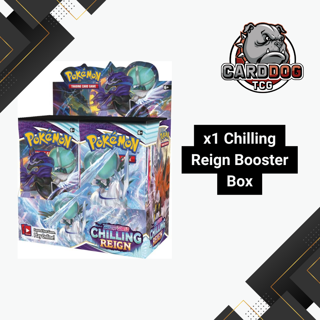 Pokémon Chilling Reign booster box with CardDog TCG logo on a white background