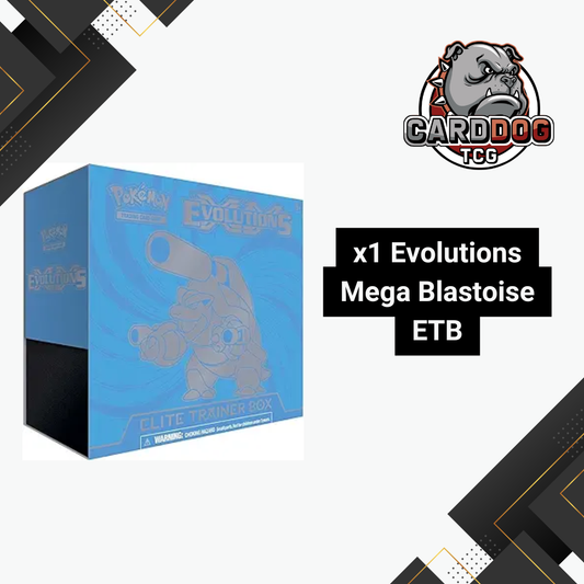 Pokémon Evolutions Mega Blastoise Elite Trainer Box with CardDog TCG logo.