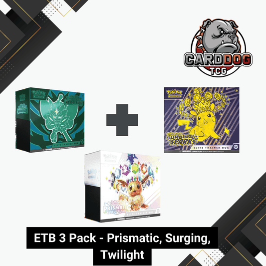Pokemon TCG ETB 3 Pack Bundle- Prismatic Evolutions + Surging Sparks + Twilight Masquerade