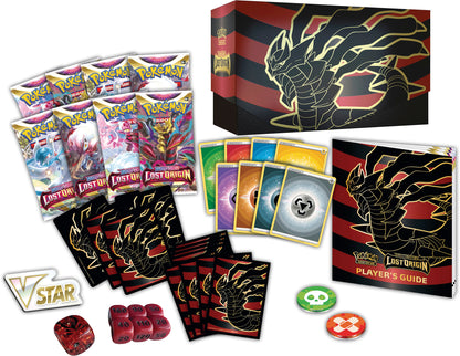 Unboxing the Pokémon TCG: Lost Origin Elite Trainer Box, featuring Giratina card sleeves and a comprehensive player's guide