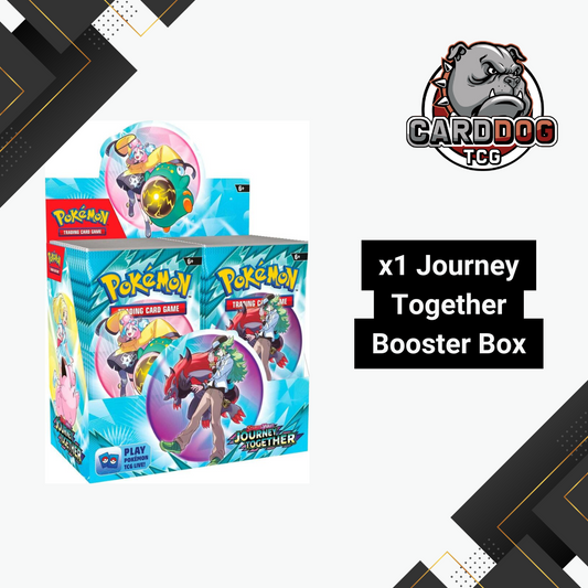A enhanced booster box of Pokemon Scarlet & Violet Journey Together cards displayed with a logo 'CardDog' on the bottom right.