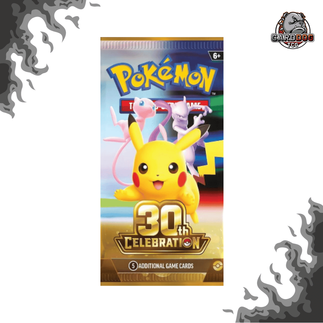 A Pokémon booster pack featuring Pikachu and other Charizard family members on the front, with '30th Celebration' text and a Pokémon logo. The pack is centered on a white background with decorative gray flame-like corner graphics and a Star Dog logo in the top-right corner.