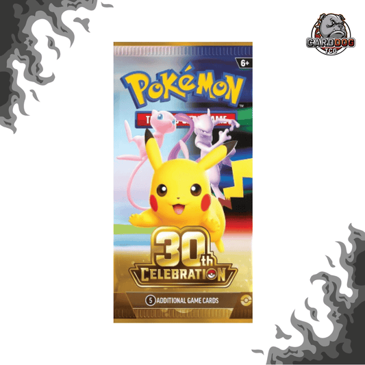 A Pokémon booster pack featuring Pikachu and other Charizard family members on the front, with '30th Celebration' text and a Pokémon logo. The pack is centered on a white background with decorative gray flame-like corner graphics and a Star Dog logo in the top-right corner.